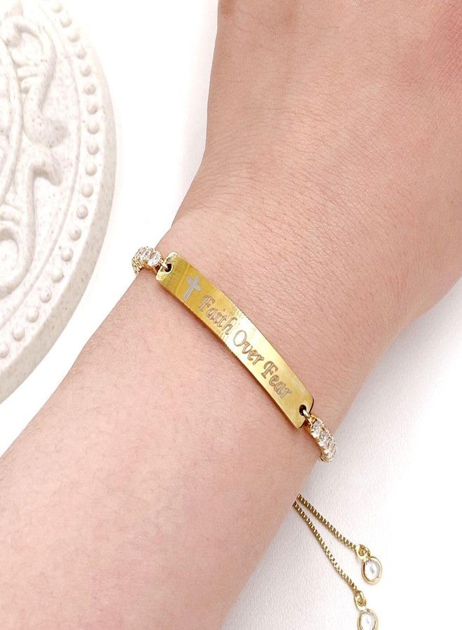 Tobestu Stainless Steel Plate Engraved Cross and Faith Over Fear Tennis Bracelet with Adjustable Bolo Clasp - Gold Plated Inspirational Religious Jewelry Y4390 - Image 2
